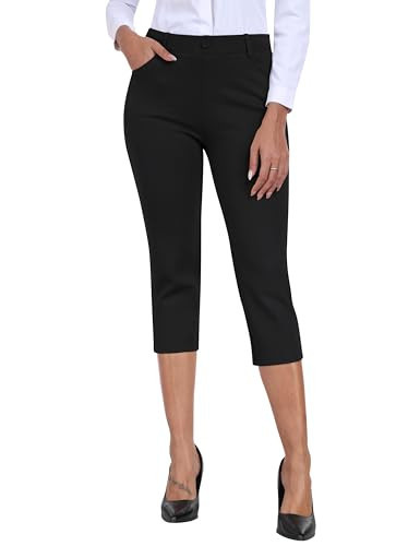 MoFiz Women's Capri Pants for Summer - Black Pull-On Stretch Straight Leg, Golf Yoga & Business Casual Dressy Work Office Cropped Pants with Pockets S | Amazon (US)