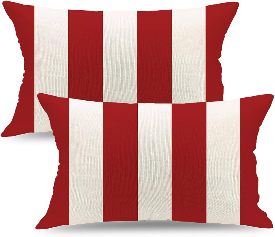 QIQIANY Set of 2 Red and White Stripe Outdoor Throw Pillow Covers 12 x 20 Inch Square Waterproof ... | Amazon (US)
