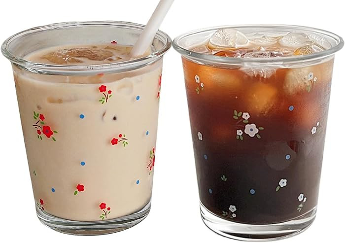 Set of 2 12 OZ French Floral Drinking Glasses Cute Flower Glass Cup for Iced Coffee,Latte,Tea,Jui... | Amazon (US)