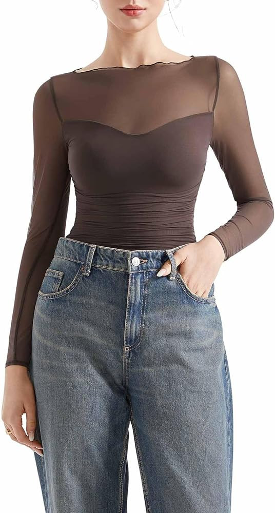 SUUKSESS Women Double Line Mesh Sheer Crop Tank Tops Boat Neck Long Sleeve Shirts | Amazon (US)