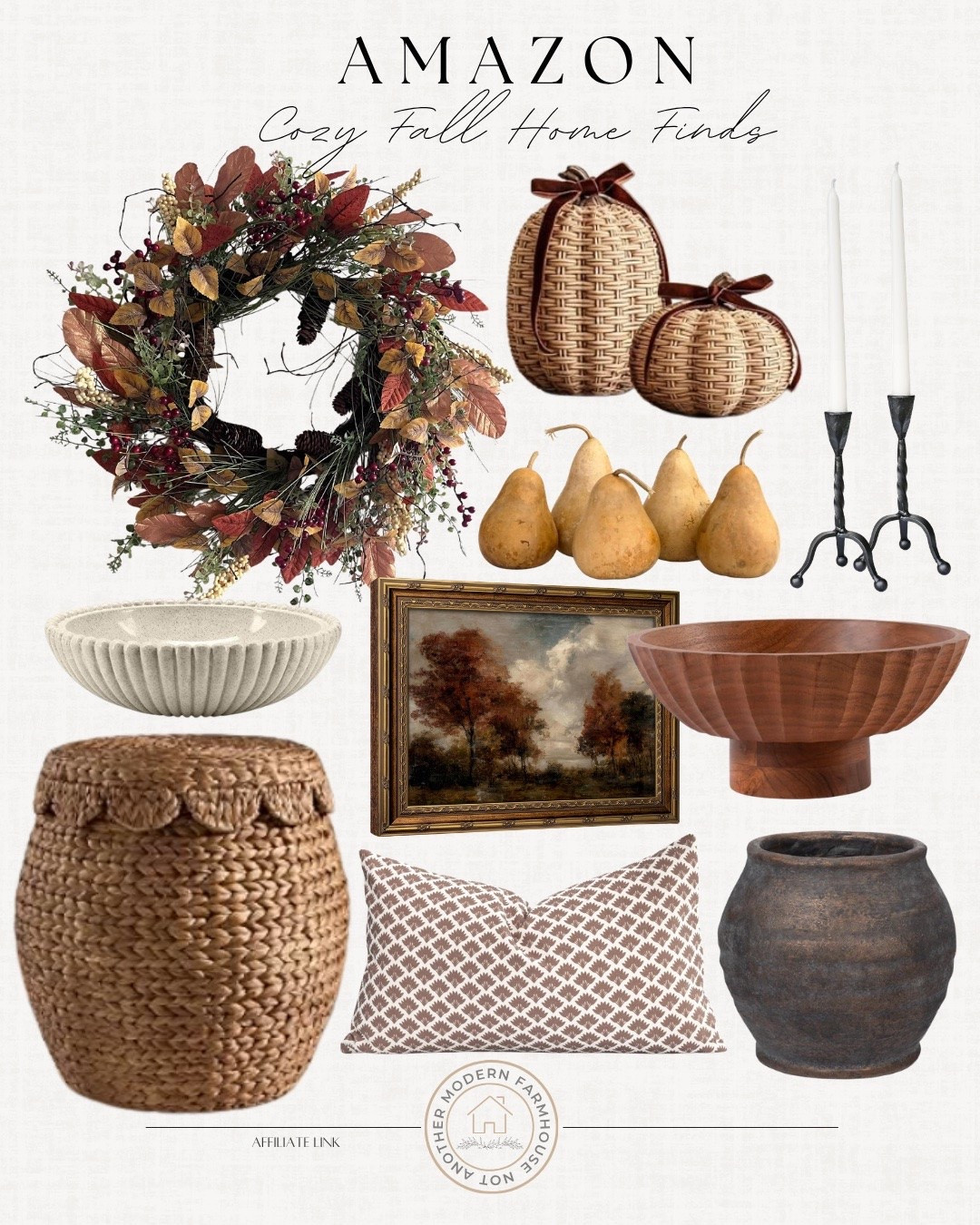 Cozy fall home finds includes vase, decorative bowl, wreath, decorative pumpkins, candlestick holders, faux pears, fall wall art, decorative pillow, basket storage.

Home decor, fall home decor, looks for less, styled home

#LTKHome #LTKSaleAlert #LTKSeasonal