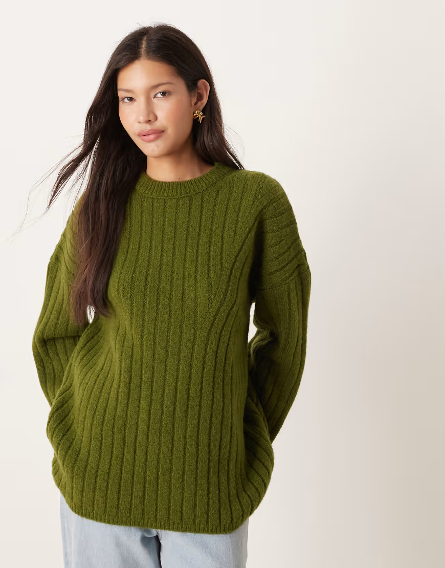 ASOS DESIGN longline ribbed crew neck sweater in olive-Green | ASOS (Global)