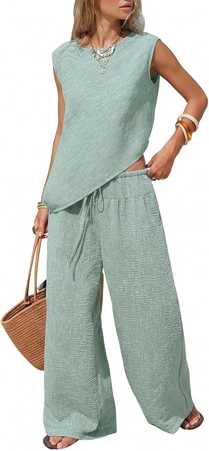EXLURA Womens Summer Two Piece Sets Cotton Asymmetrical Tank Tops Wide Leg Pants Set Faux Linen B... | Amazon (US)