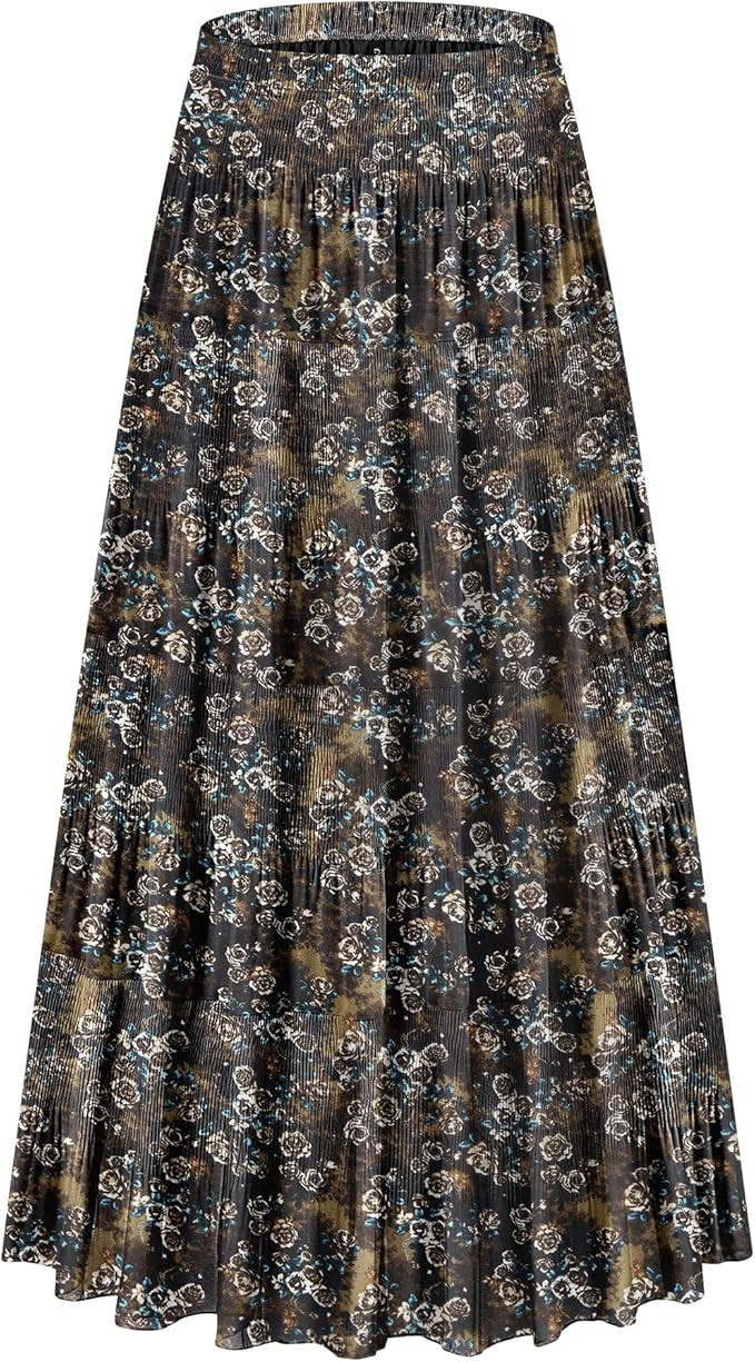 CYiNu Women's Chiffon Elastic High Waist Tiered Pleated Floral Printed A-Line Boho Long Maxi Skir... | Amazon (US)