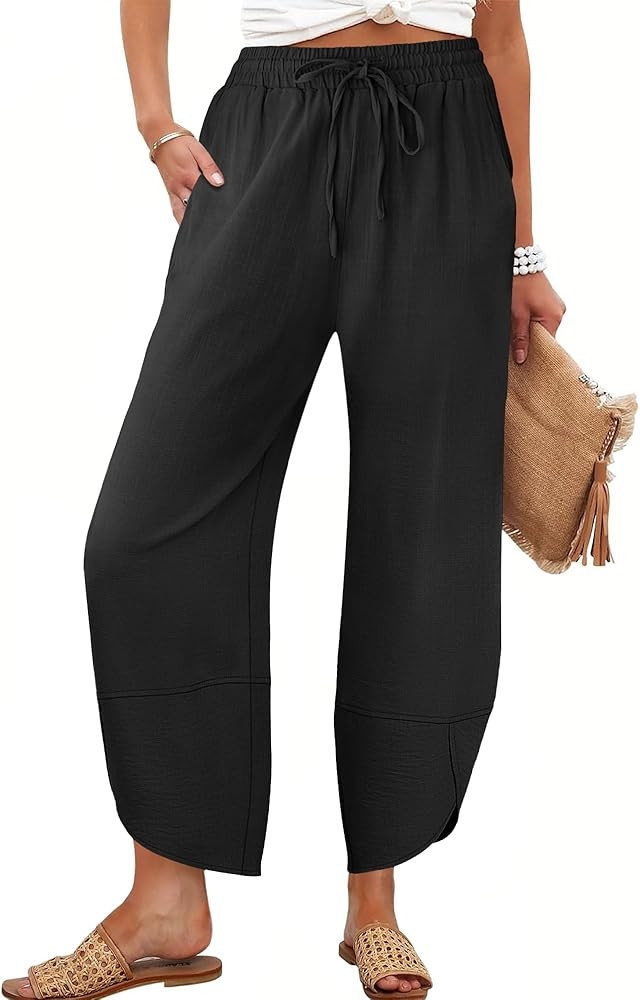 Caracilia Womens Wide Leg Pants Barrel Palazzo Casual Flowy Beach Vacation Cropped Summer Drawstr... | Amazon (US)