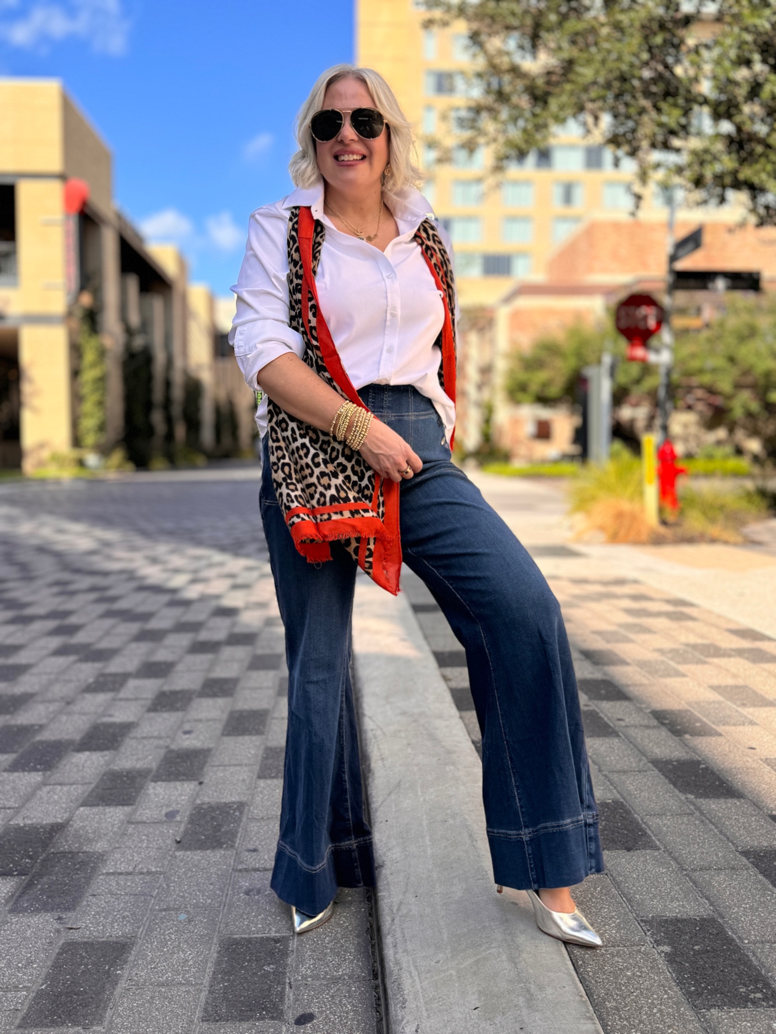 Is this not the funnest scarf?! Just a little leopard to elevate the outfit! Perfect fall outfit! 
Jeans size 1.5 (could wear a 1) very stretchy 
White blouse - size 2


#LTKStyleTip #LTKSeasonal #LTKOver40