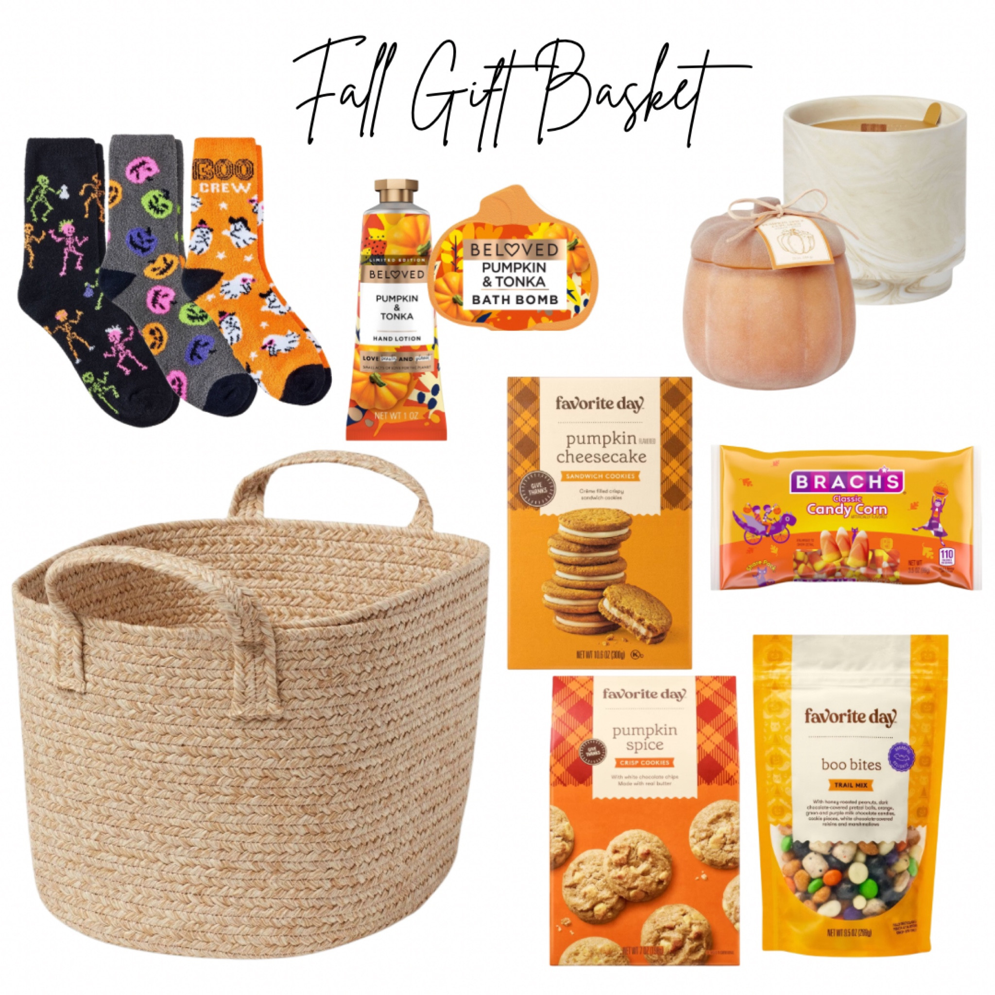 Gift Basket idea for Fall! Perfect for Teacher’s gifts, work team or family! Basket, Fall sweet treats, Halloween socks, fall candle, fall scents, bath bomb, hand lotion 
#giftbasket #gift #boobasket #Fall #teachergift

#LTKHoliday #LTKSeasonal #LTKGiftGuide