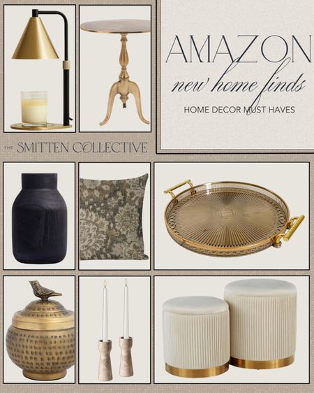 Home finds from Amazon include gold tray, throw pillow, black vase, ottomans, candle stick holders, gold decorative bowl, side table, and candle warmer.

Home decor, home finds, Amazon home finds, moody home finds

#LTKstyletip #LTKhome #LTKfindsunder50