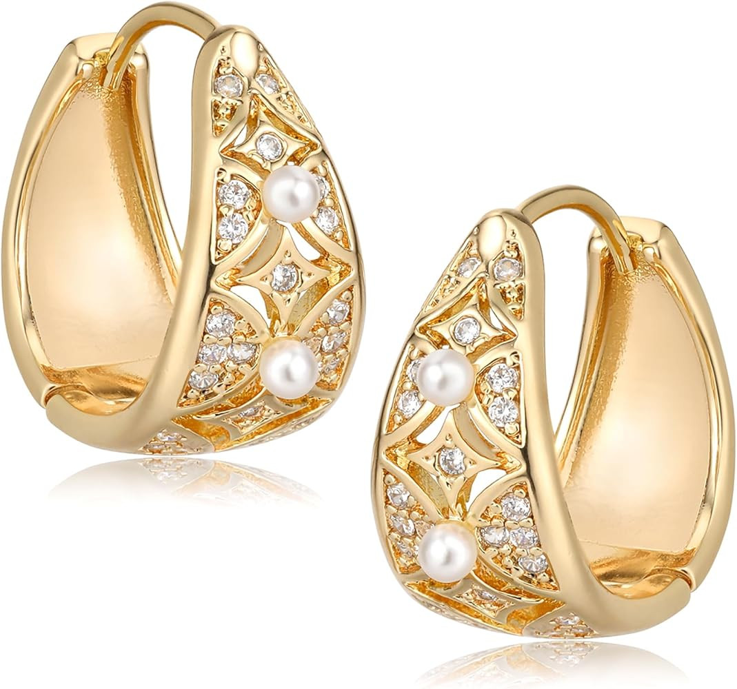 Mevecco 18K Gold Plated Huggie Earrings with Shining Cubic Zriconia Geometry Beads Star Hoop Earr... | Amazon (US)