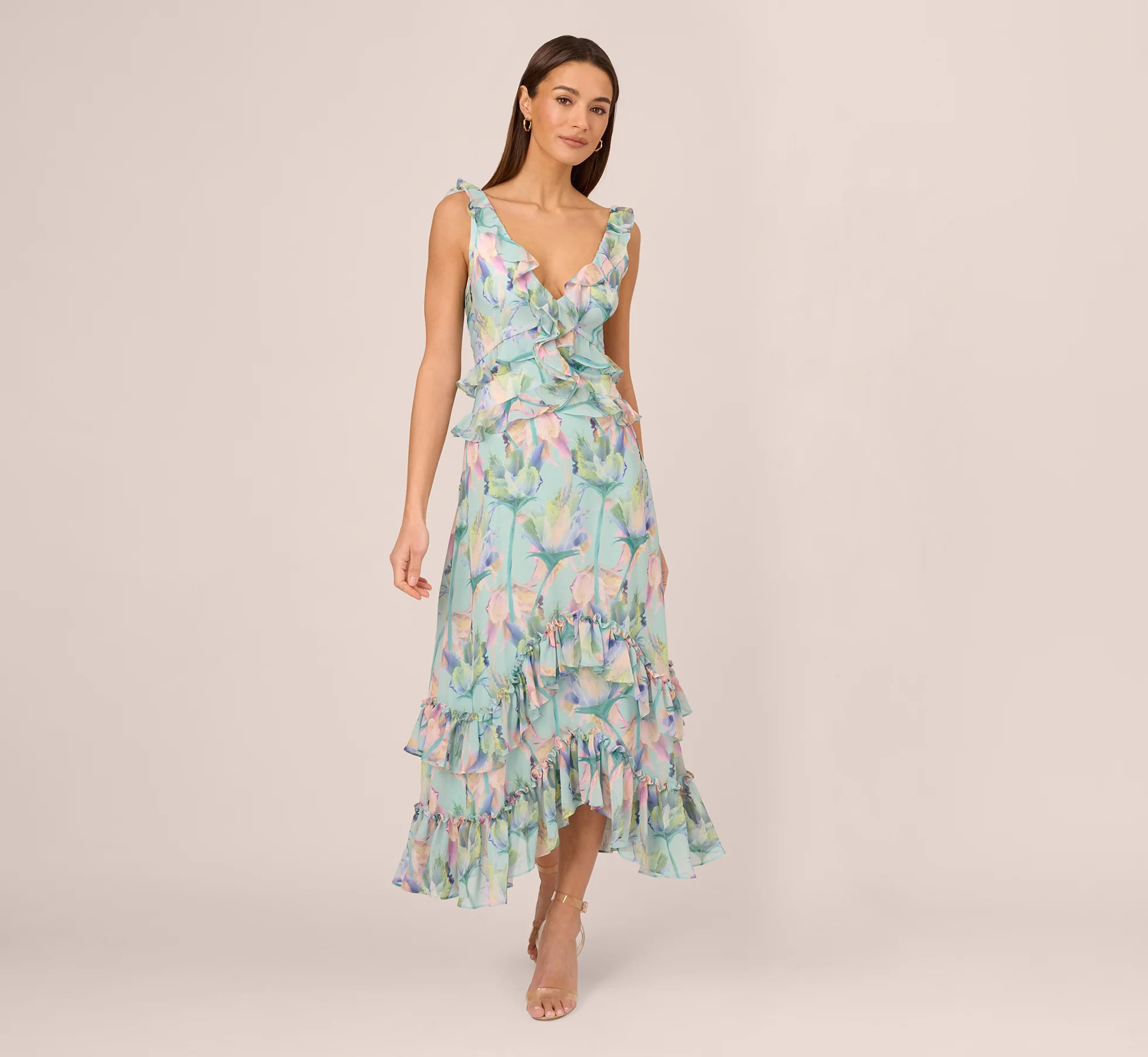 Sleeveless Floral Print High Low Maxi Dress With Ruffle Trim In Mint Multi | Adrianna Papell