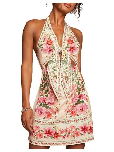 RoseSeek Women's Tropical Floral Backless Halter Dresses Cut Out Knot Front Sleeveless Vacation S... | Amazon (US)