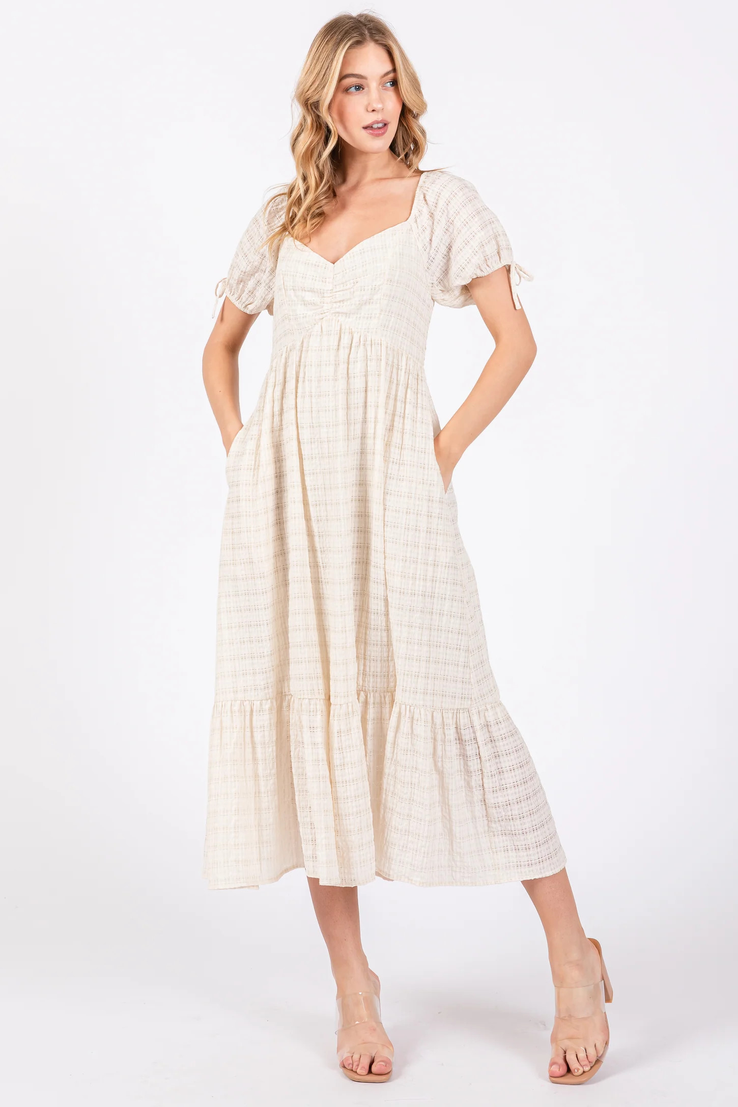 Ivory Textured Plaid Puff Short Sleeve Midi Dress | PinkBlush Maternity