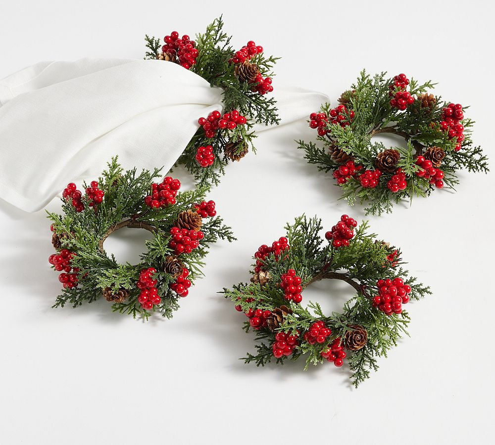 Pine & Red Berries Faux Botanical Napkin Rings, Set of 4 | Pottery Barn (US)