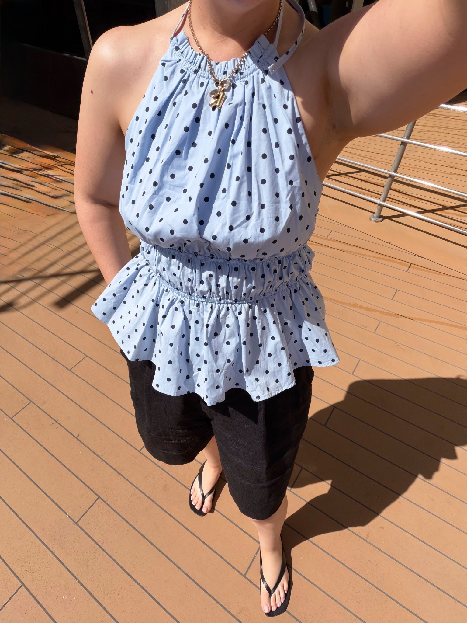 Atmos&Here halter top: size 12
Country Road linen shorts (old, linked similar)
Nelson Made leather thongs 