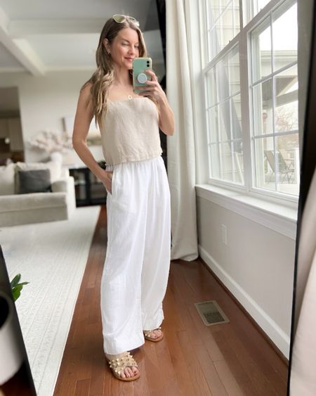 White linen wide-leg pants on sale 50% off right now - more colors available too! (I have them in 3 colors now!!)
Wearing XS short (I am 5’1”). I also have them in regular length and wear with heels.
Linen tank top - XS 

#LTKstyletip #LTKfindsunder50 #LTKsalealert
