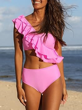 Hilinker Women's Ruffle One Shoulder Bikini Mid Waist Bikini Swimsuit 2 Piece Bathing Suit | Amazon (US)