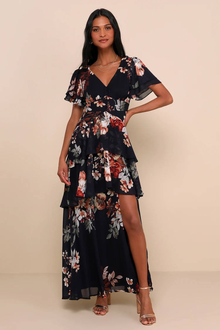 Midnight Mood Navy Blue Floral Print Tiered Maxi Dress | Lulus