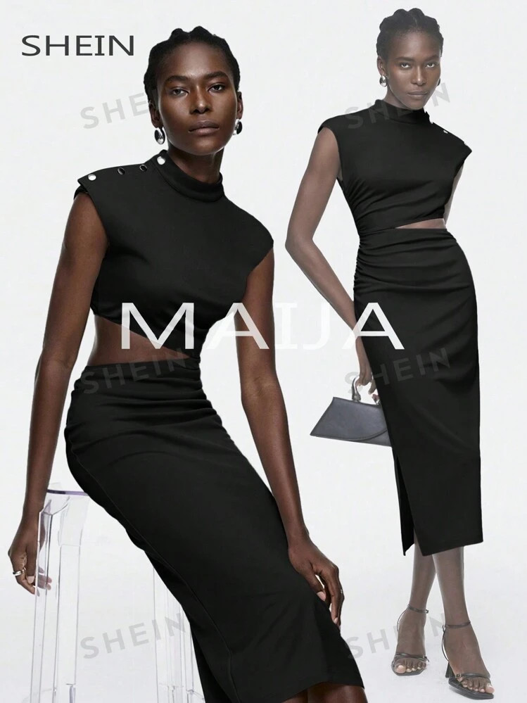 Maija Vestido de verano elegante para mujer sin mangas, con cuello alto, decorado con botones, co... | SHEIN
