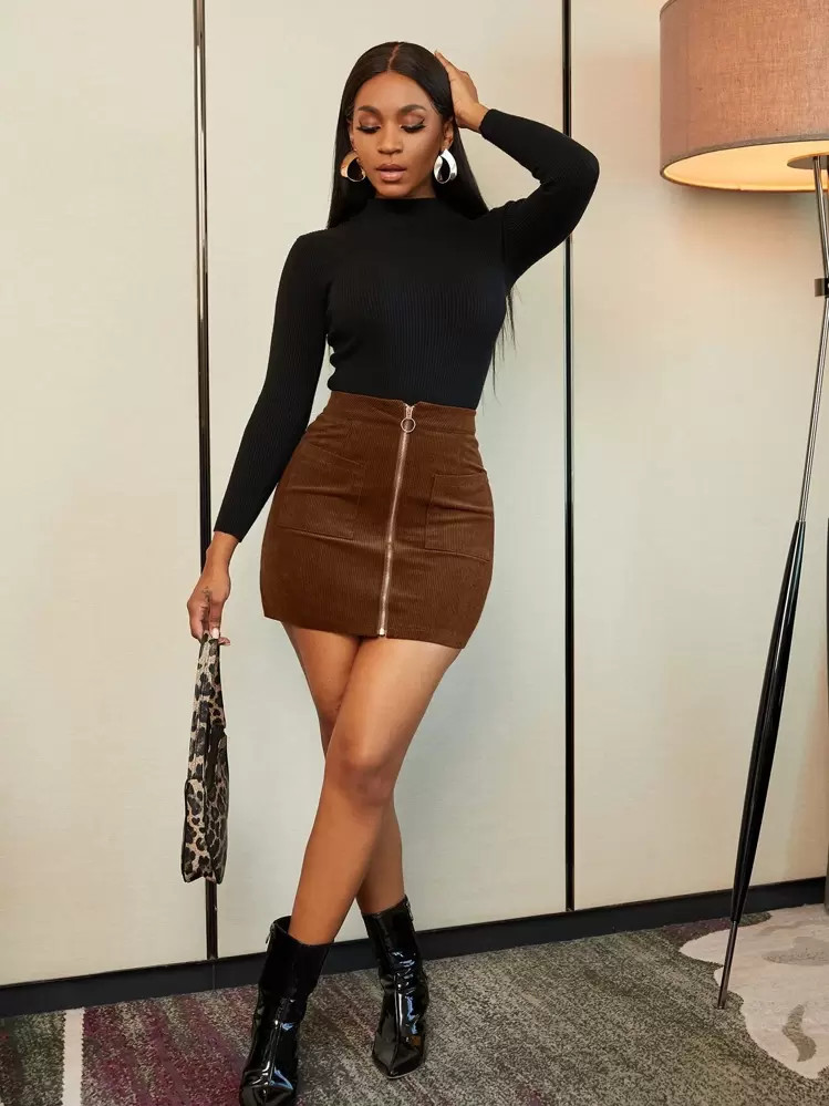 Brown Short Front Zip Skirt  | SHEIN