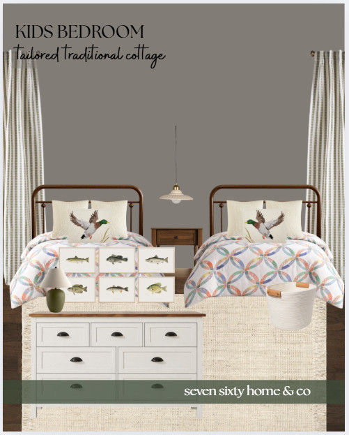 A quiet lodge cottage kids bedroom inspired by Catskills interiors, designed to feel classic, cozy, and easy to live with. Twin beds, traditional furniture, and nature inspired artwork create a space that feels thoughtful without being overly themed.

This room balances structure and softness. Familiar shapes, layered textiles, and warm neutrals keep the design grounded while playful patterns and art add personality in a subtle way. It is a kids bedroom that feels timeless now and flexible as they grow.

Quiet lodge cottage style works especially well for shared rooms. It brings in an outdoorsy, collected feel while staying calm and functional for everyday life.

Everything featured in this kids bedroom design is linked on LTK. 

 #LTKHome