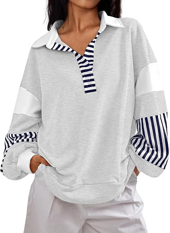 AUTOMET Womens Oversized Sweatshirts Striped Color Block Long Sleeve V Neck Pullovers Fall Fashio... | Amazon (US)