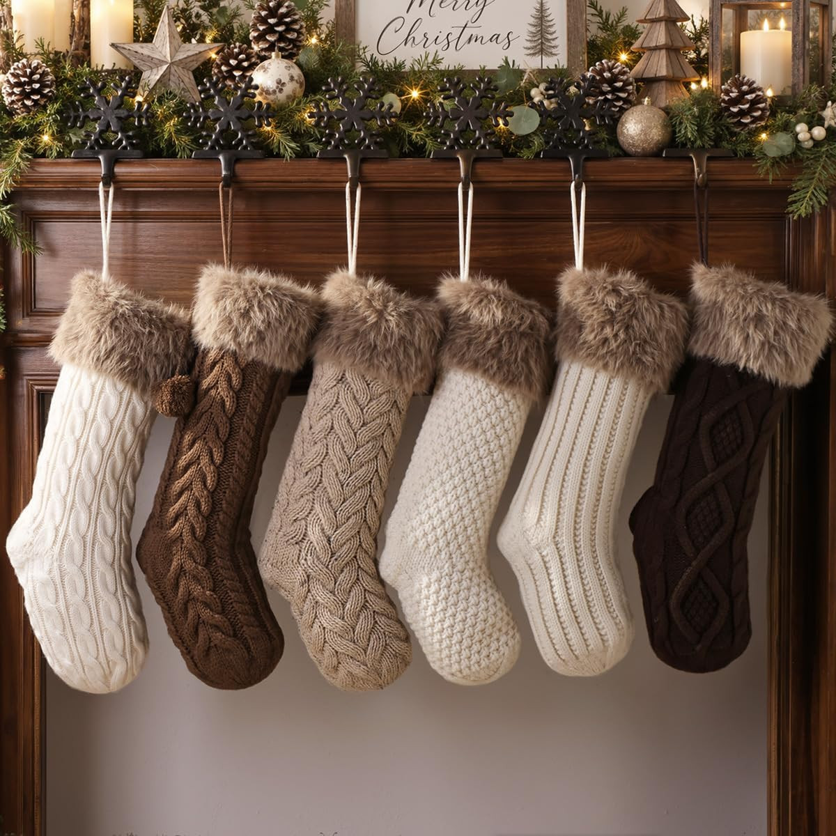 Pawliss Farmhouse Knitted Christmas Stockings: 4 Pack 18 Inch Rustic Neutral Cable Knit Fireplace Stockings, Cozy Hanging Xmas Stockings Stocking Decorations for Family Holiday Décor, Earth Tones | Amazon (US)