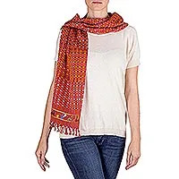 Cotton scarf, 'Maya Saffron Sunset' (Guatemala) | Novica