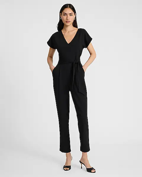 V-neck Tie Waist Straight Leg Jumpsuit | Express