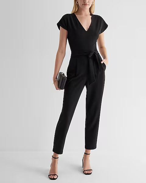 V-neck Tie Waist Straight Leg Jumpsuit | Express