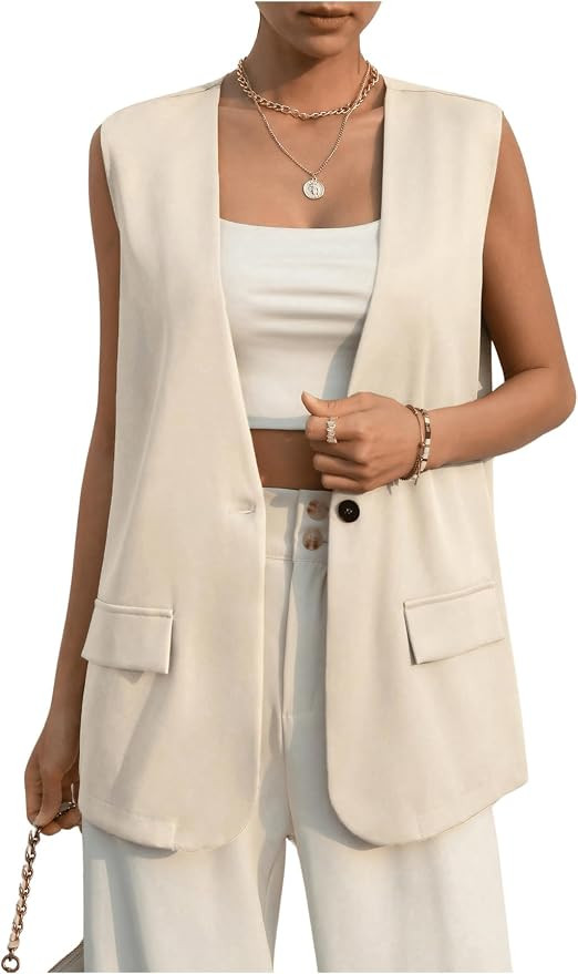 GORGLITTER Women's Open Front Single Button Vest Blazer Deep V Neck Sleeveless Vest Jacket | Amazon (US)