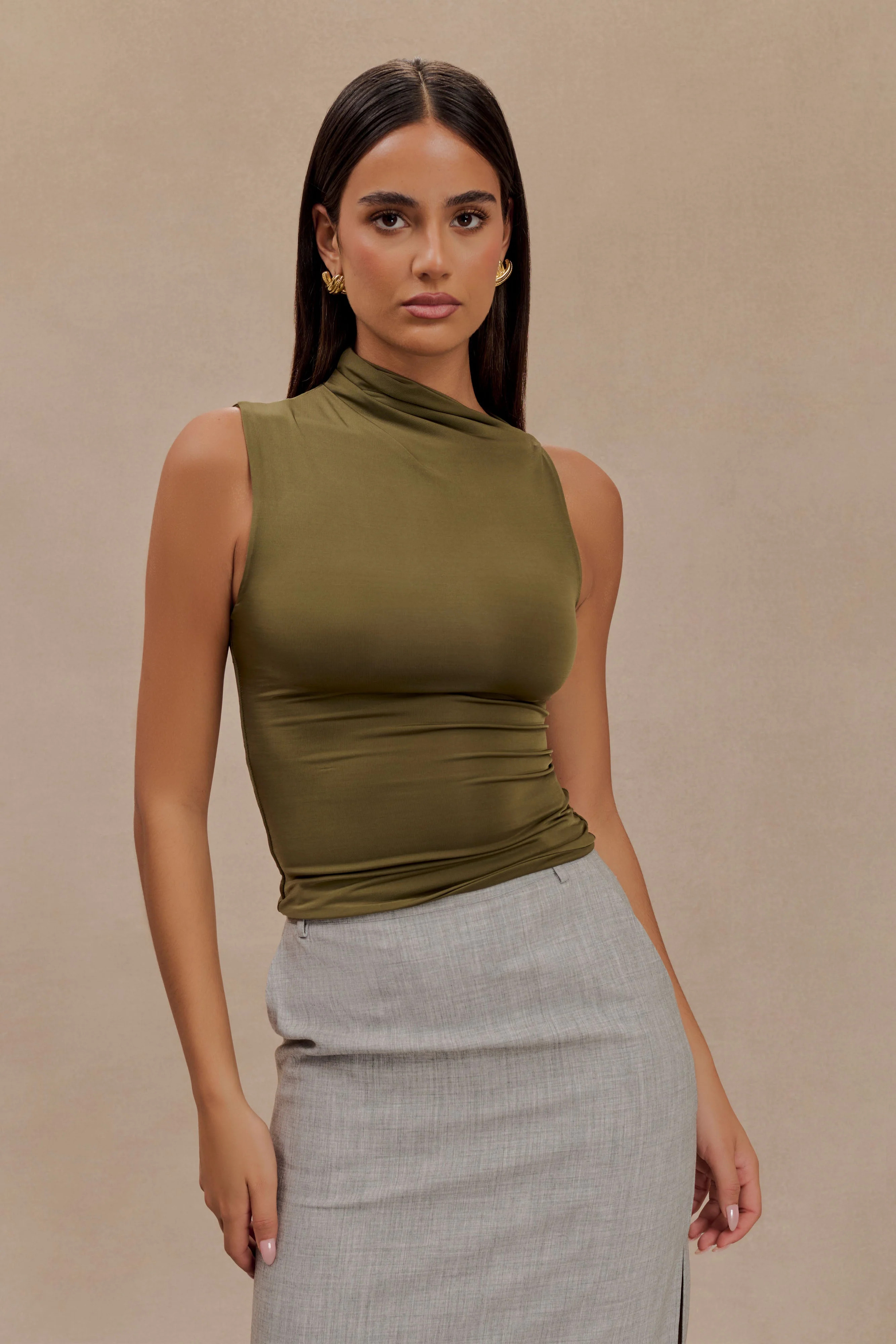 Sleeveless Slinky Top - Dark Olive | MESHKI US