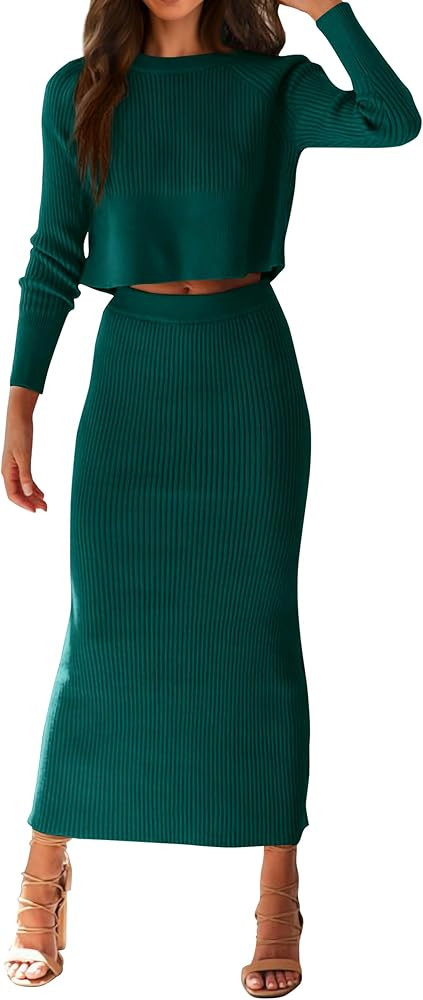 PRETTYGARDEN Women's Winter 2 Piece Sweater Set Rib Knit Long Sleeve Crop Top Maxi Bodycon Skirt ... | Amazon (US)