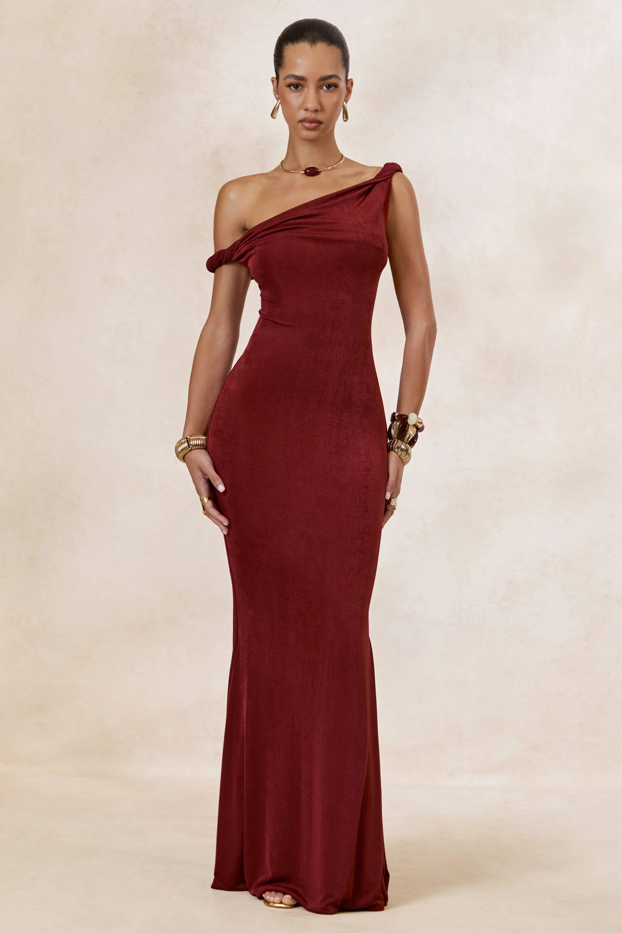 Aminta | Rust Twisted Asymmetric-Neck Maxi Dress | Club L London