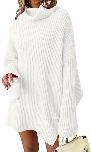 LILLUSORY Womens 2022 Fall Turtleneck Oversized Long Batwing Sleeve Cream Sweater Dress Tunic Pul... | Amazon (US)