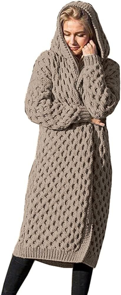 Koodred Women's Casual Open Front Long Sleeve Knit Cardigan Sweater Warm Hooded Outwear Coat | Amazon (US)