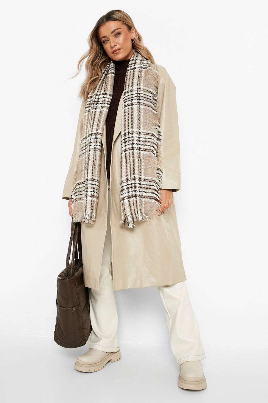 Beige Check Knit Scarf | Boohoo.com (UK & IE)