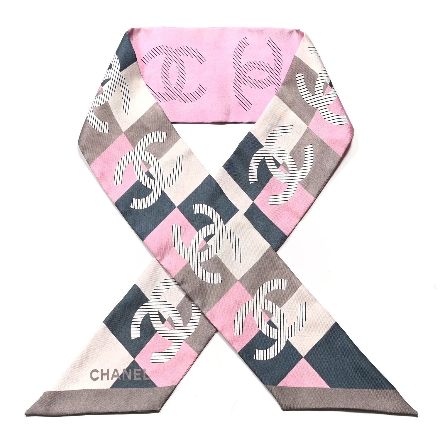 CHANEL Silk Logo Bandeau Scarf Pink Black Multicolor | FASHIONPHILE | Fashionphile