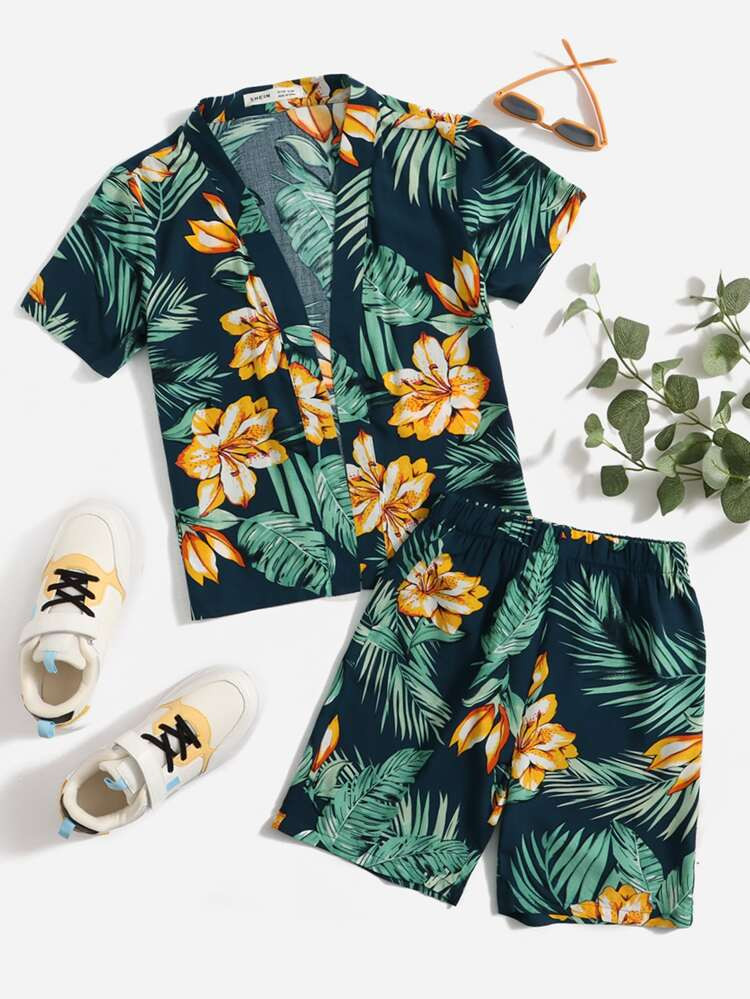 SHEIN Boys Tropical Print Shirt & Shorts | SHEIN