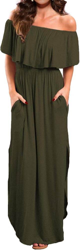 VERABENDI Women's Off Shoulder Summer Casual Long Ruffle Beach Maxi Dress with Pockets | Amazon (US)