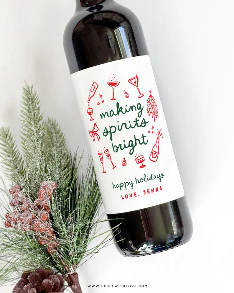 Whimsical Christmas Wine Bottle Labels - Holiday Party Decoration, Hand Drawn Holiday Sticker, Co... | Etsy (US)