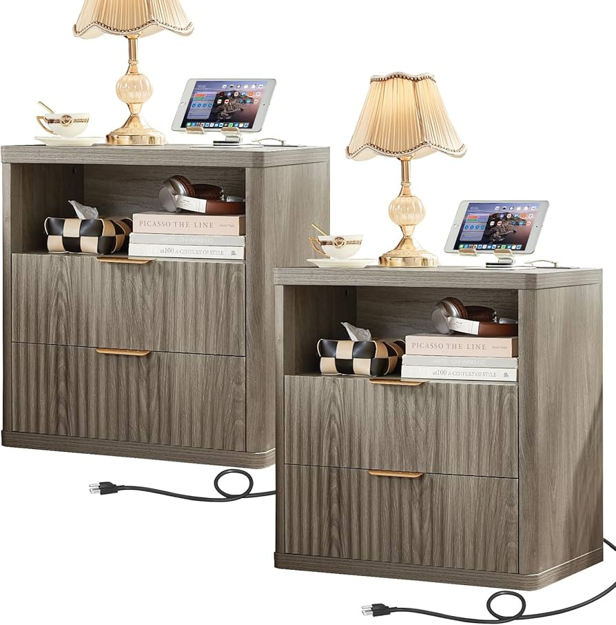 LEYAOYAO Fluted Farmhouse Nightstand Set of 2 with Charging Station, 23" Wide 2 Drawers End Table... | Amazon (US)
