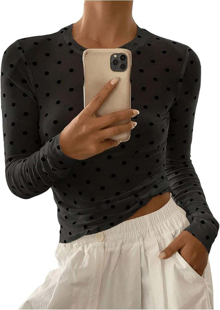 SHENHE Women's Polka Dots Sheer Mesh T Shirt Round Neck Slim Fitted Streetwear Top | Amazon (US)
