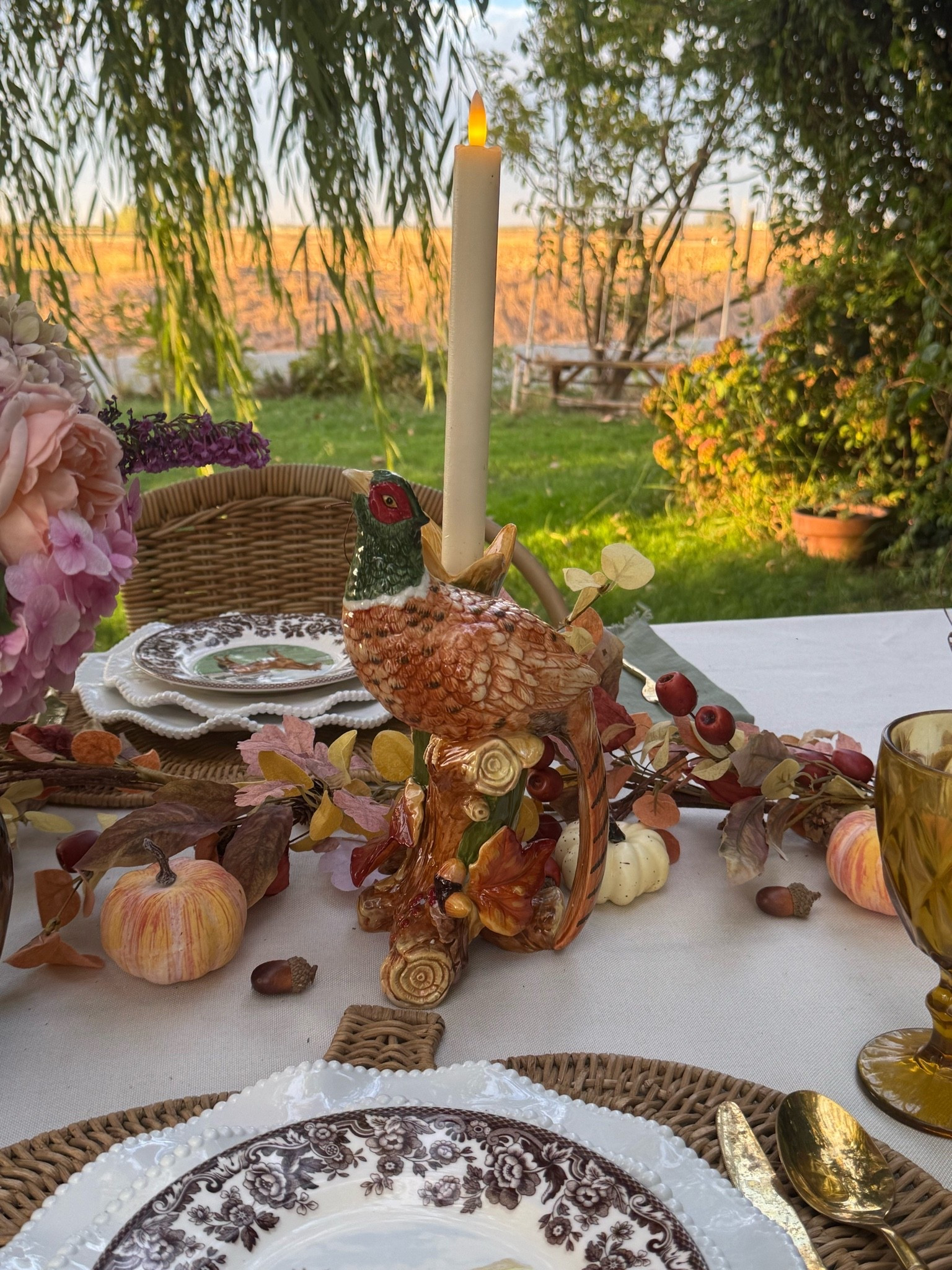 #ad I LOVE these gorgeous pheasant candleholders from @Wayfair! They come in a set of two and are even more beautiful in person! They are perfect for fall, a Thanksgiving tablescape, as autumn icoffee table decor and more! I used battery operated LED flickering candles, and they were perfect! #wayfairpartner #wayfair