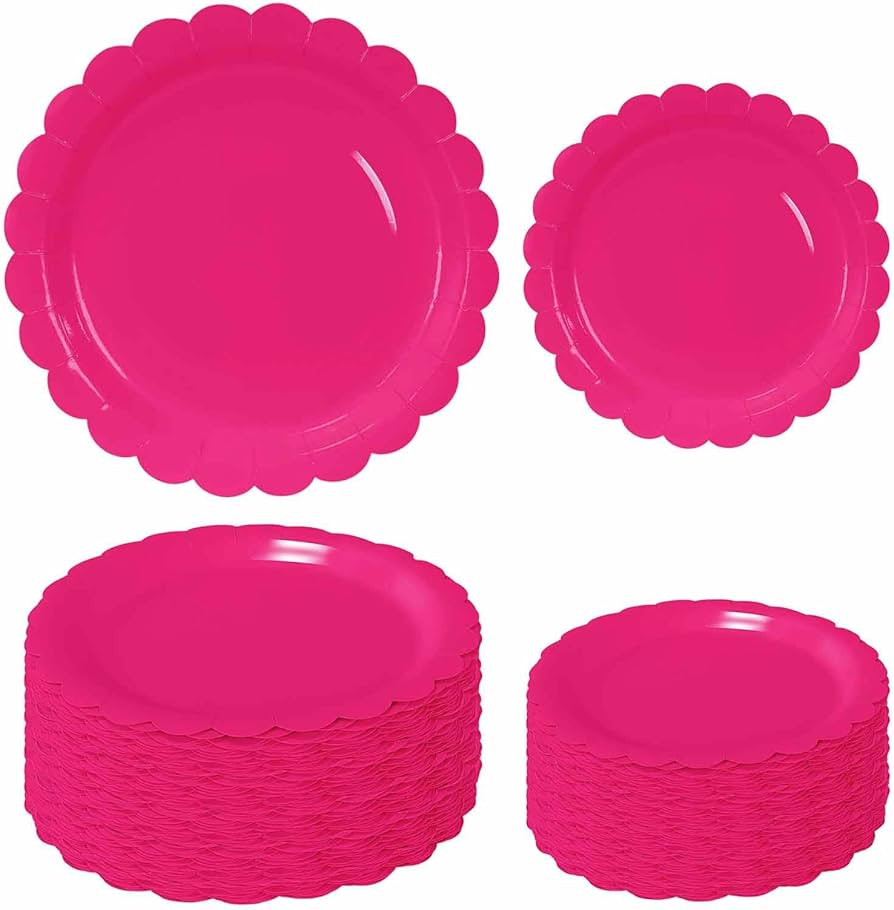 50 Pcs Hot Pink Scalloped Paper Plates 25 × 7'' and 25 × 9'' Disposable Hot Pink Scalloped Dinn... | Amazon (US)
