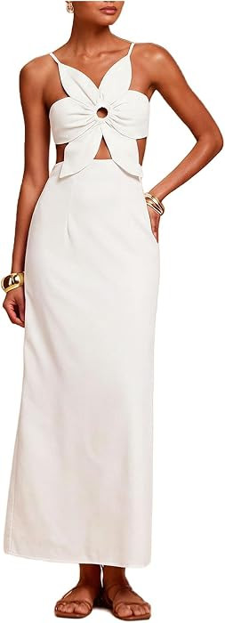 SHENHE Women's Petal Backless Linen Maxi Dress Keyhole Cut Out Vacation Zipper Summer Dresses | Amazon (US)