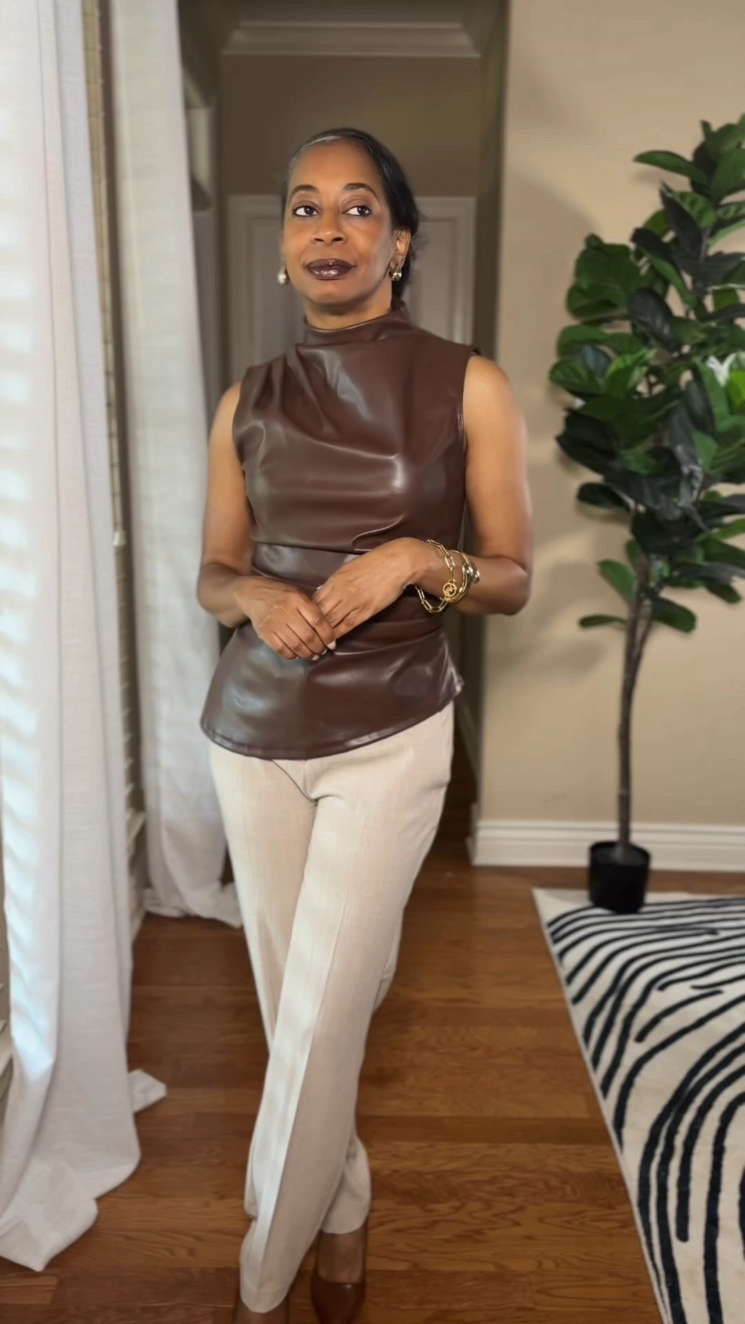 Ladies, if you've been searching for fall outfits for women over 40 or fall outfits for women over 50, start here. 🍂

Buttery faux leather in rich chocolate brown, soft oatmeal trousers, cognac pumps, and a little gold at the ears and wrist. The textures do all the talking, so the look feels polished without feeling fussy. This is how I'm styling my Fall Refinement Era: simple pieces, warm colors, and a finish that feels like me.

Fall outfits don't have to be complicated. They just need to feel good when you put them on. 🤍

Would you wear brown and oatmeal together this fall? Tell me below.

Follow along for style, beauty & refinement over 40 🤍

She didn't find herself. She refined her.

xoxo, Mystiqua Trinette