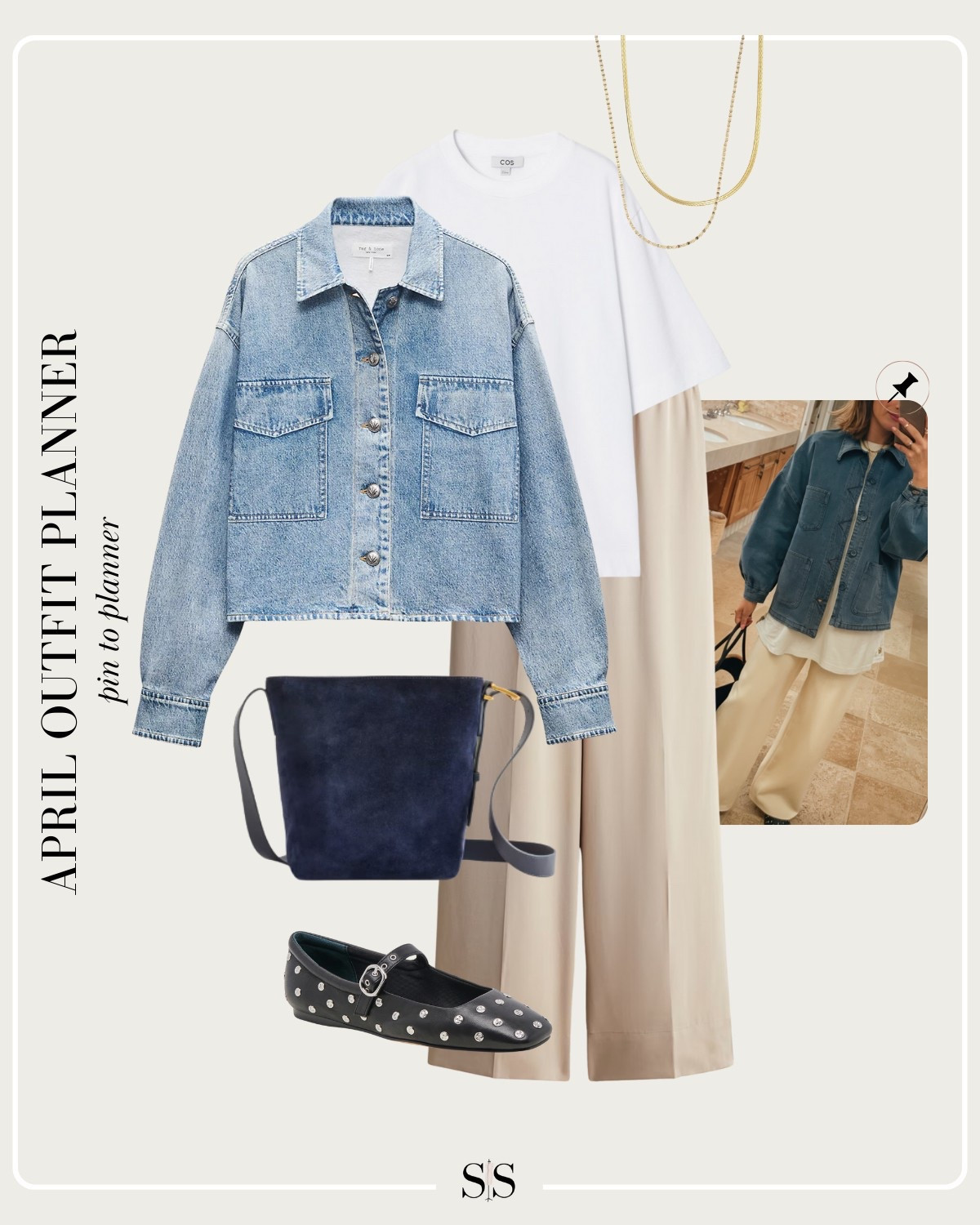 Monthly outfit planner APRIL: Spring transitional looks, pin to planner outfit inspo | oversized tee, denim jacket, satin trouser, embellished flats, suede navy tote 

#springoutfit #casualstyle

Image credit: Pinterest


#LTKStyleTip