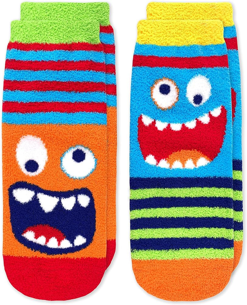 Jefferies Socks Boy's Monster Fuzzy Non-Skid Slipper Socks 2 Pack | Amazon (US)