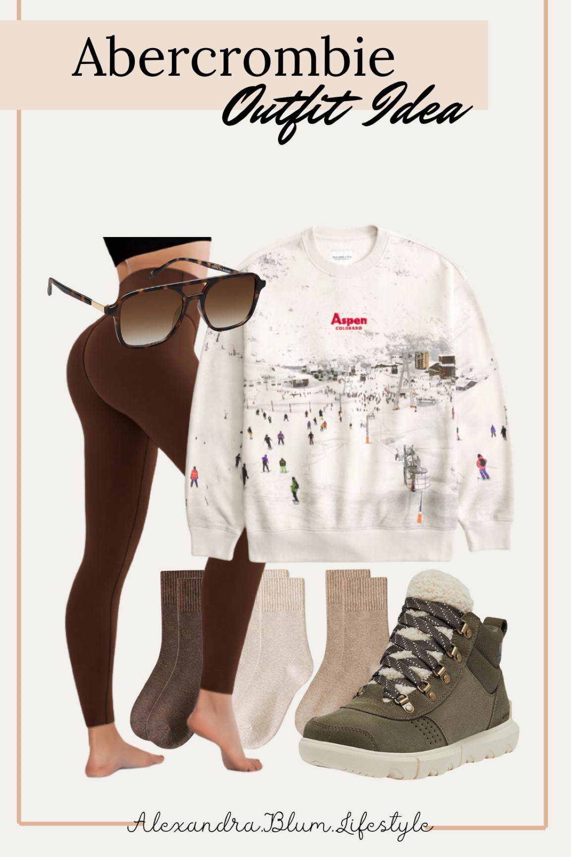 Cute graphic sweatshirt from Abercrombie! Casual outfit idea for mountain vacations, ski outfit, and resort wear! Dark Brown leggings, boot socks and hiking boots all from Amazon! Outdoor outfit idea! Hiking outfit! 

#LTKStyleTip #LTKShoeCrush #LTKFindsUnder100