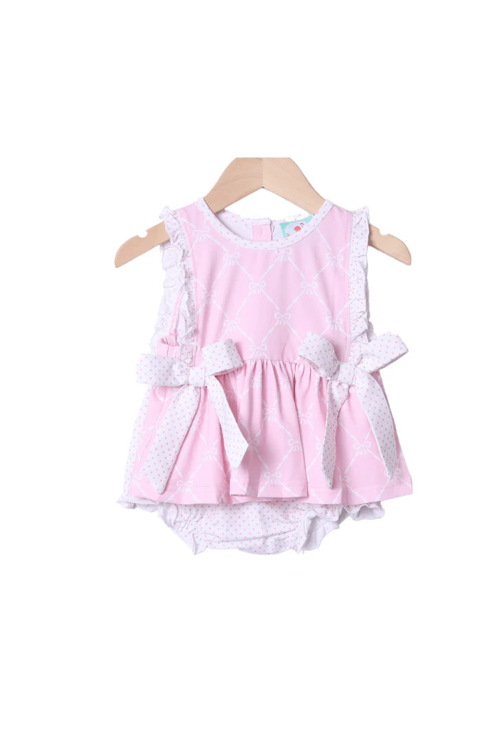 Pink Trellis Bow Knit Bloomer Set | The Smocked Flamingo